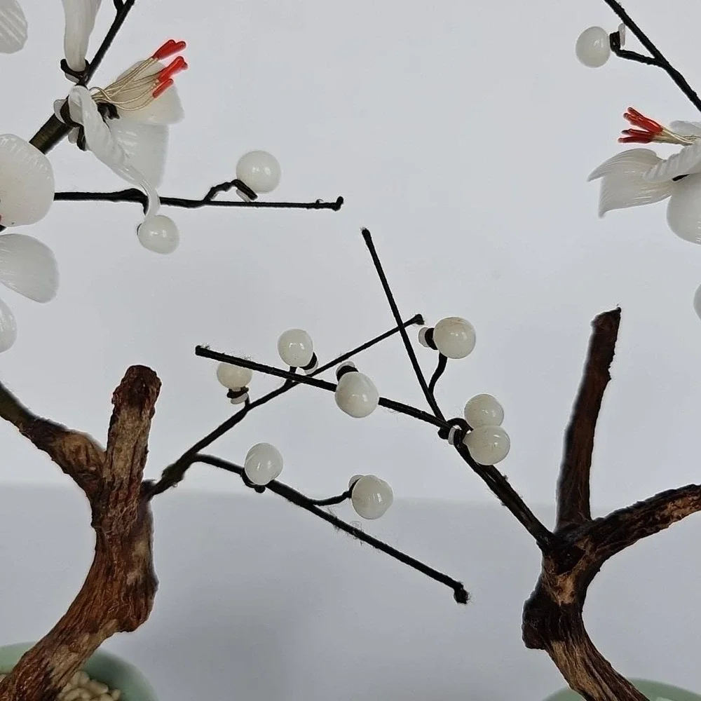 Vintage Chinese Glass Bonsai Tree Pair White Plum Blossom Celadon‎ Pot Decor